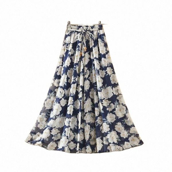 

skirts fashion women summer long skirt 2022 spring ladies floral print high waist elegant sweet casual chiffon skirts beach faldas jupe v7yr, Black