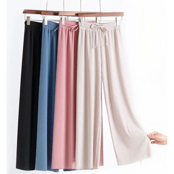 

women's pants capris spring and autumn ladies ice silk light wide leg trousers girl solid color high waist loose wild straight casual 2, Black;white