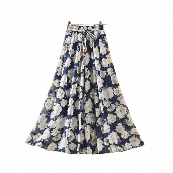 

skirts fashion women summer long skirt 2022 spring ladies floral print high waist elegant sweet casual chiffon skirts beach faldas jupe c0ni, Black