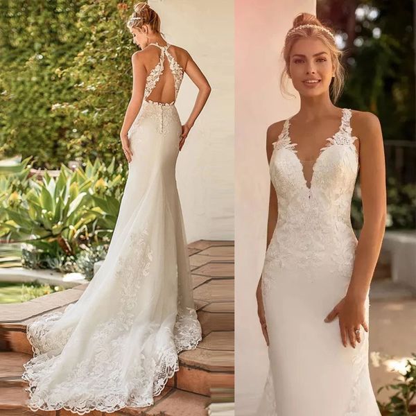 

v-neck sleeveless boho mermaid wedding dress for women 2022 lace appliques backless bridal gown custom made, White
