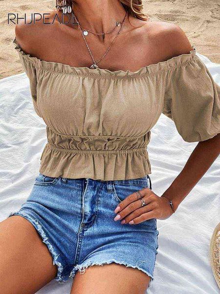 

women's summer short women fashion puff sleeve off shoulder slim blouse 2022 elegant slash neck casual party blouse and t220825, White
