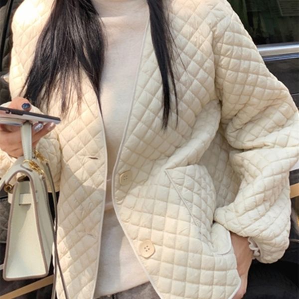 

womens down parkas beige straight winter coat with rhombus pattern pockets single breasted women casual parkas stylish streetwear clothes 2, Black