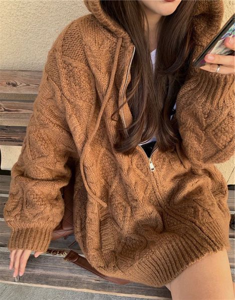 

women s knits teeslazy style threaded zip high hooded knit women cardigan autumn winter long sleeve jacket street casual loose sweater 22090, White