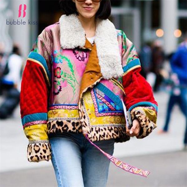 

women's down parkas autumn winter coat women down jacket national style coats street short print warm leopard chic patchwork padded jac, Black