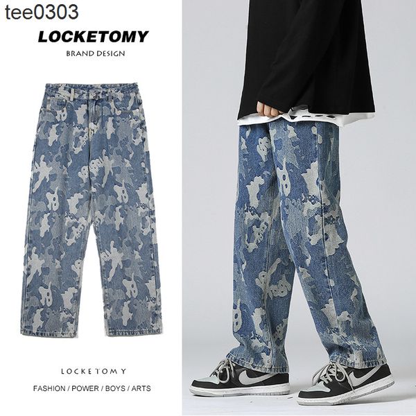 

autumn and winter jeans american street camouflage jacquard men's loose straight fashion youth student pants, Blue