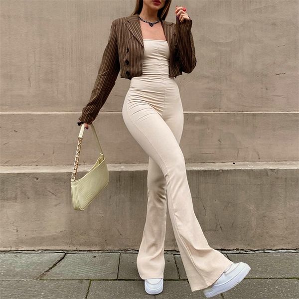 

women's jumpsuits rompers lucyever backless skinny women summer elegant sleeveless lace up fashion streetwear flare 220902, Black;white