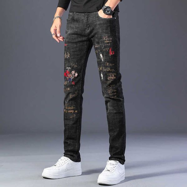 

chao brand embroidered jeans men's black chao brand slim pants embroidered casual korean fashion, Blue