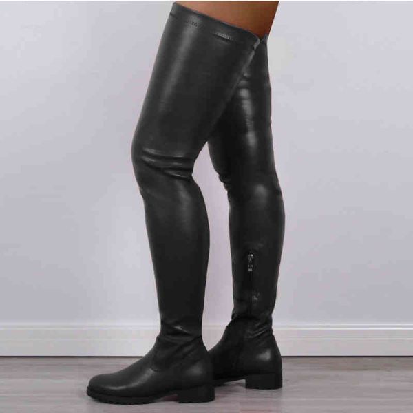

boots 2021 low heels red black women thigh high stretch casual shoes autumn winter pu leather over the knee female 220901