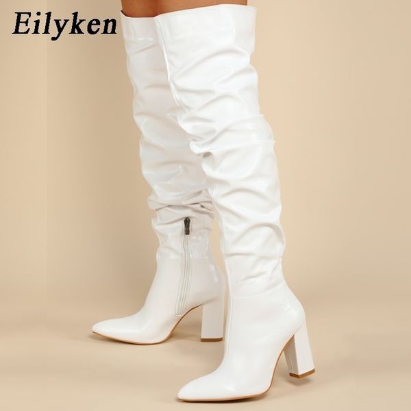 

boots eilyken women winter over-the-knee punk solid color square high heel zipper shoes pleated pointed toe lady long booties 220902, Black