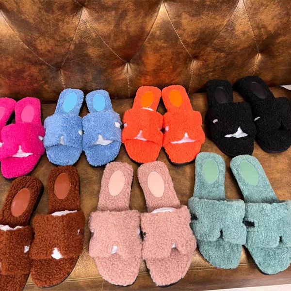 

2022 designer slipper womens wool slippers women trendy woolskin solid color flat shoes indoor home slides winter soft plush fur furry sanda, Black