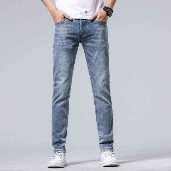 

men's jeans summer thin elastic slim fitting small leg straight tube high-end fashion brand leisure long pantse6b8, Blue