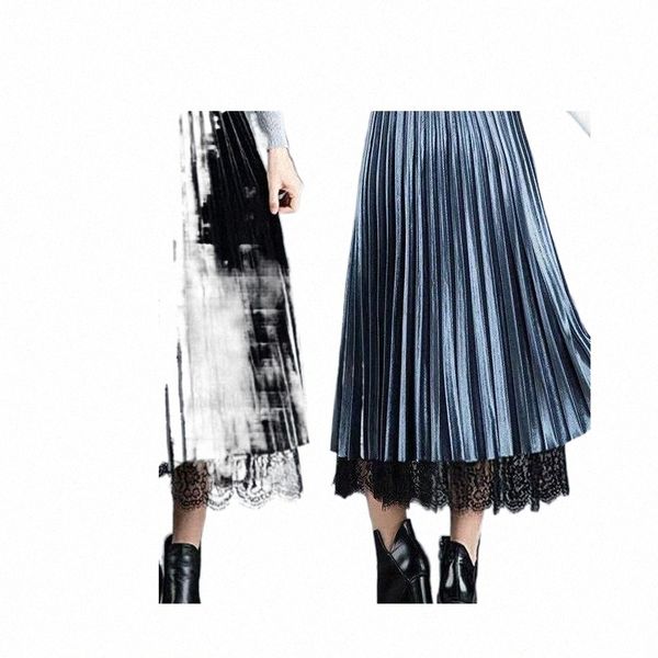 

skirts skirts women's two-sided pleated skirt long lace woman mujer faldas saias mulher 55vt#, Black
