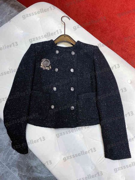 

jacket for women luxury designer black jackets with brooch fashion brand crew neck double breasted cropped long sleeve cotton womens jacket, Black;brown