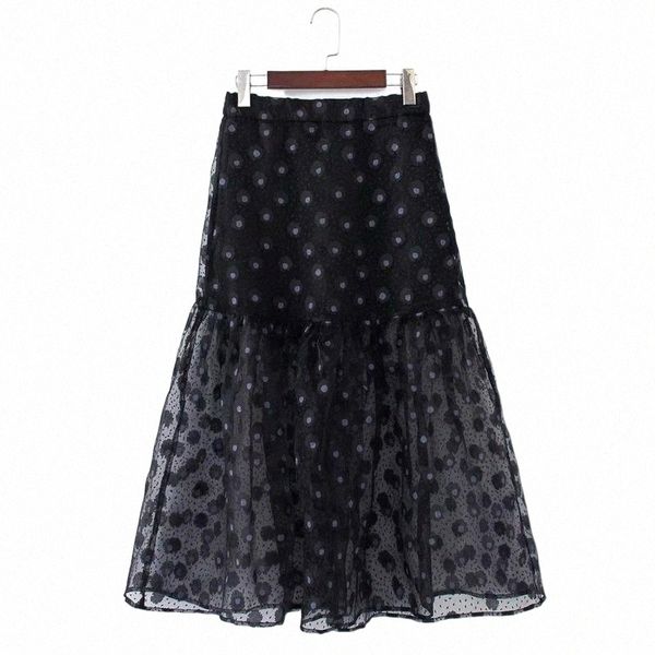 

skirts skirts 2022 spring temperament mesh patchwork midi skirt high waist polka dot print office wear elegant ball gown faldas mujer 84eq#, Black