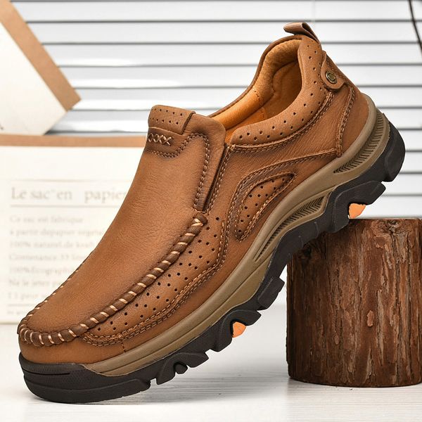 

leather shoes 2022 autumn khaki hand sewn flexible breathable wear-resistant shock-absorbing non slip soft sole for men, Red;white