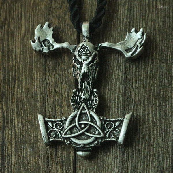 

pendant necklaces lanseis 10pcs viking skull mjolnir goat head charm men necklace valknot talisman symbol jewelry, Silver
