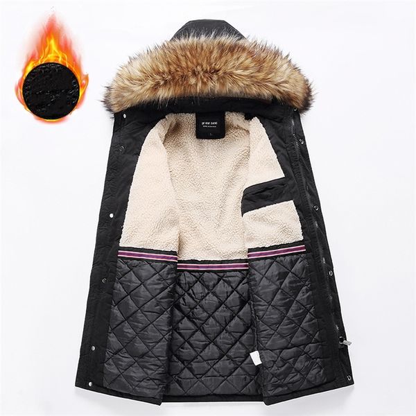 

mens down parkas winter jacket men parkas velvet warm coats outdoor fashion hooded fur collar windbreaker men midlong cotton padded outerwea, Black