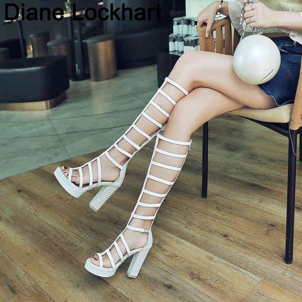 

boots 2022 roman gladiator bandage sandals knee boots women high heel shoes femininas sandalias brand woman summer hollow botas 42 43 220901, Black