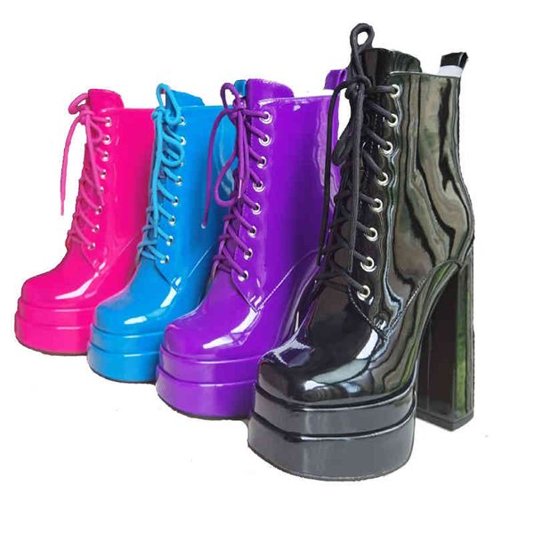 

boots women's fashion patent leather lace up martin 2022 new autumn thick high heel platform shoes rose red black blue purple 220901