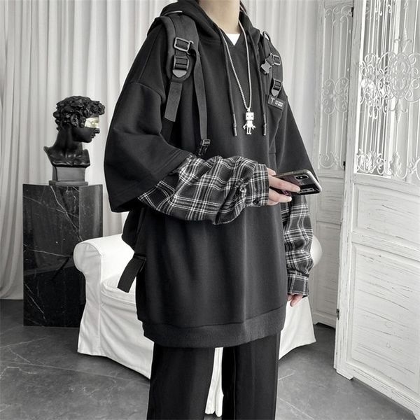 

womens hoodies sweatshirts deeptown vintage hoodie women streetwear oversized sweatshirt punk long sleeve pullovers korean grunge plaid spli, Black