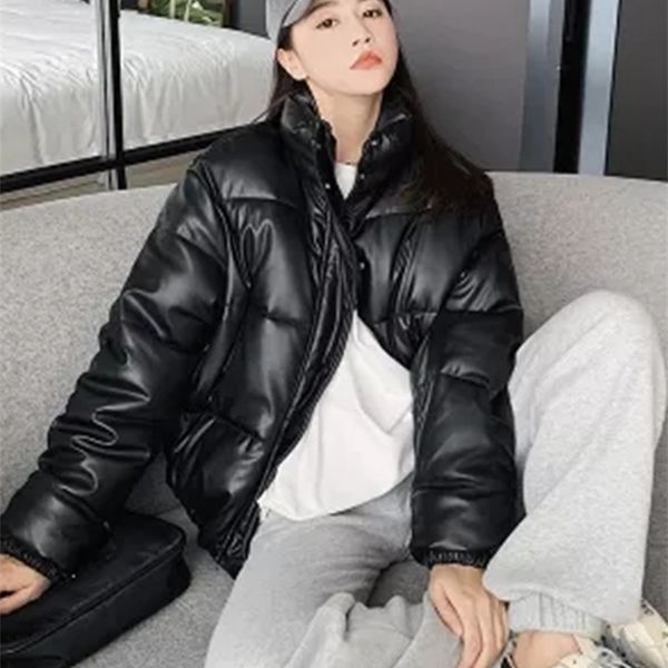 

womens down parkas pu leather thicken solid parkas woman loose longsleeved coat parkas women winter warm womens jacket 220902, Black