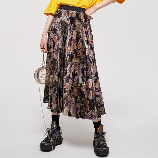 

casual dresses metersbonwe skirt women summer highwaisted pleated female beijing opera decorative pattern aline unique dress 220902, Black;gray