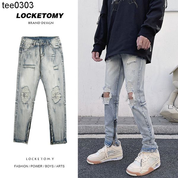 

2021 spring and summer new men's jeans street wind broken hole cut jeans slim legged motorcycle, Blue