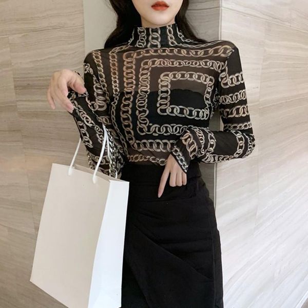 

korean tee mesh t-shirt women fashion see-through chain printed slim, White