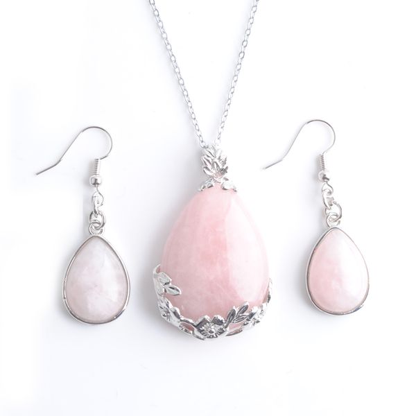 

natural stone earrings chain necklace teardrop rose quartzs dangle pendant jewelry set for women girl as gift q3077, Silver
