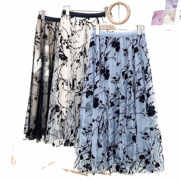 

skirts skirts tfetters spring korean version high waist maxi skirt gothic temperament floral mesh a-line long for womens 82hh#, Black