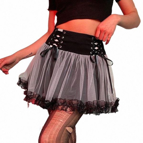 

skirts skirts woman goth dark pleated skirt mesh crisscross bandage lace hem punk academia aesthetic e-girl clothes black mini 86pn#