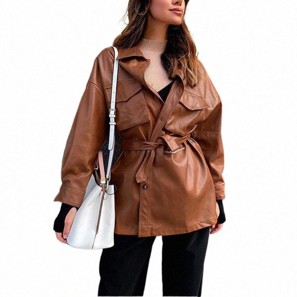 

women's leather & faux leather women's leather & faux 2022 brown pu jacket women fashion coats female cool elegant tie belt waist, Black