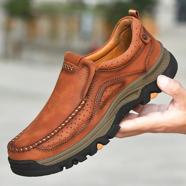 

leather shoes 2022 autumn brown hand sewn flexible breathable wear-resistant shock-absorbing non slip soft sole for men, Red;white