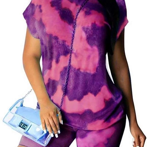 

women's two piece pants colorful tie dye sportswear for women summer running set tracksuit short sleeve o-neck shorts women gym fitness, White