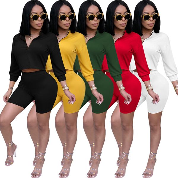 

fashion new solid colors tracksuits for womens long sleeve zipper neck crop and casual shorts 2 piece sets 914, Gray