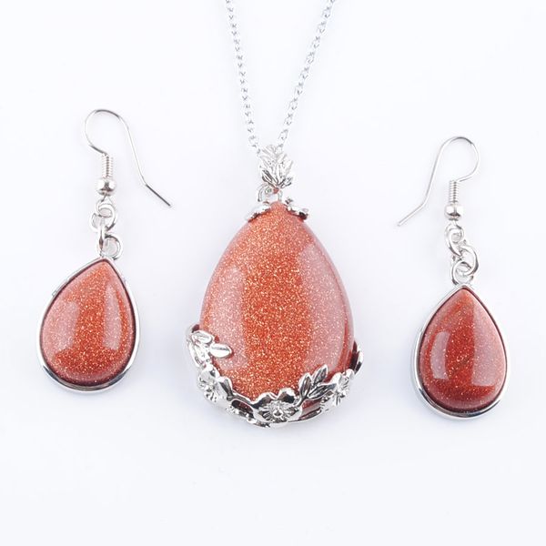 

women jewelry sets valentine's day gift natural gem stone golden sand teardrop chain necklace earring set chakra healing q3070, Silver