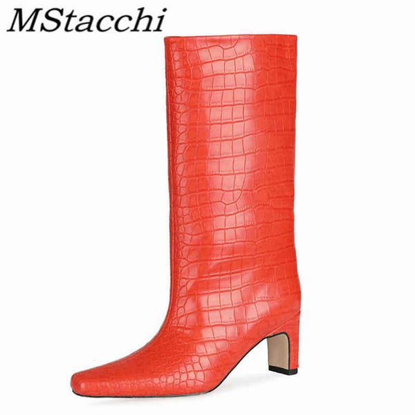 

boots mstapchi orange square toe woman crocodile print heel leather outdoor shoes spring autumn knee length ladies 220901, Black
