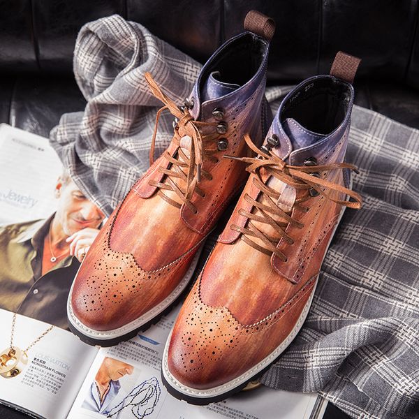 

Bullock Ankle Boots Men Shoes British Multicolor PU Engraved Round Toe Lace Fashion Casual Street Everyday AD118, Clear