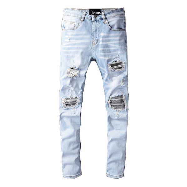 

men's jeans high street light blue ripped trouser patch slim fit casual pants