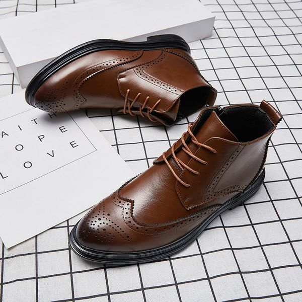 

Bullock Ankle Boots Men Shoes Solid Color Carved Round Toe Lace Up Classic PU Stitching Fashion Casual Street Daily AD108, Clear