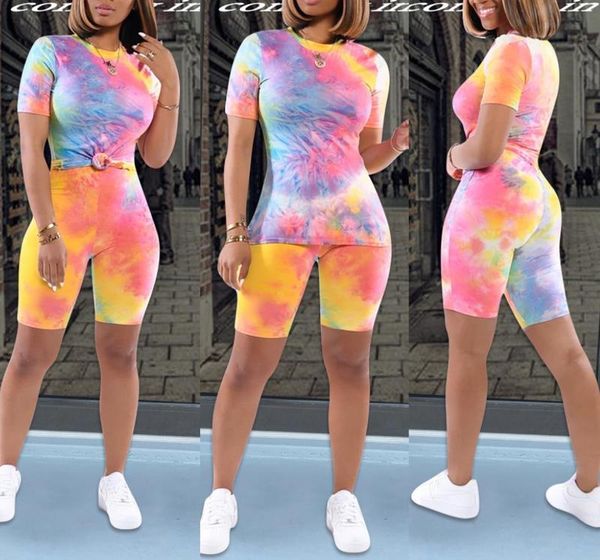

women's two piece pants two pieces joggers suit women running sets tie dye print sportswear tracksuit skinny outfit female short sleeve, White