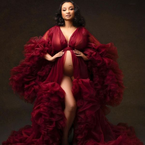 

dark red maternity dress for pshoot luxury ruffles prom dresses tulle baby shower gowns with belt vestido de novia, Black