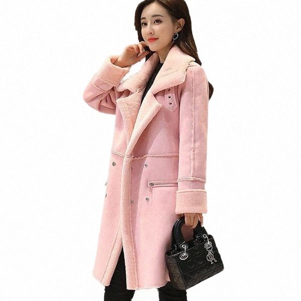 

women's leather & faux leather women's leather & faux zoe saldana 2022 winter suede jackets women coat thick lamb wool warm long v, Black