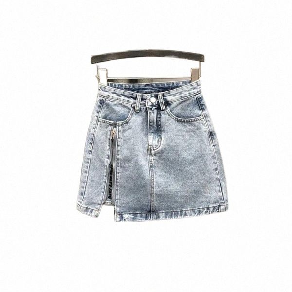 

skirts splitting zipper letter embroidery denim mini skirts summer korean fashion harajuku a-line jean vintage casual women saia o6ra#, Black
