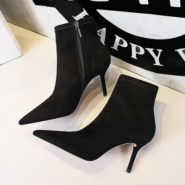 

black boots simple stiletto high heel boot for women suede pointed toe nightclub thin booties short tube lady shoes