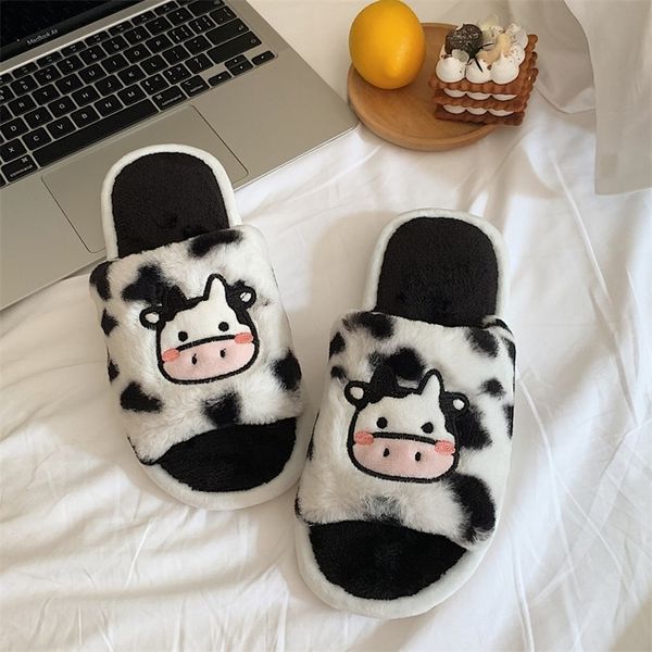 

slippers kawaii woman white open-toe cute milk cow fluffy winter warm fuzzy indoor house zapatillas mujer 220902, Black