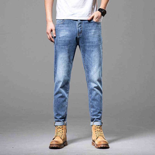 

jeans blue men's fashion brand summer slim fit little feet youth elastic washed casual pants zichaofar4