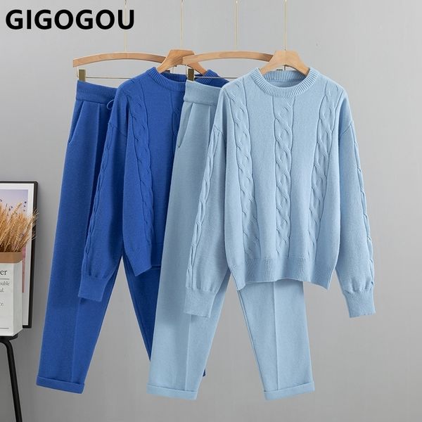 

women's two piece pants gigogou two piece knitted women sweater tracksuit o neck autumn winter warm set fashion lady casual pant suit 2, White