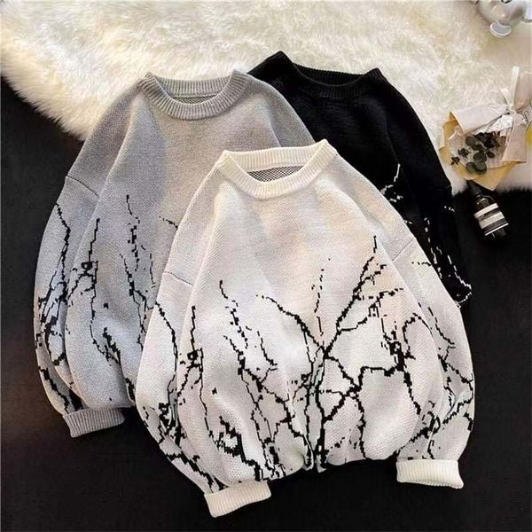 

mens sweaters autumn and winter round neck sweater mens ins tidal brand hong kong wind wild loose knitted youth couple lazy sweater 220901, White;black
