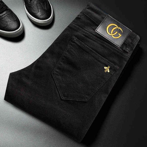 

pure 2021 black men's jeans season autumn winter elastic slim fit small feet casual versatile trendy pants, Blue
